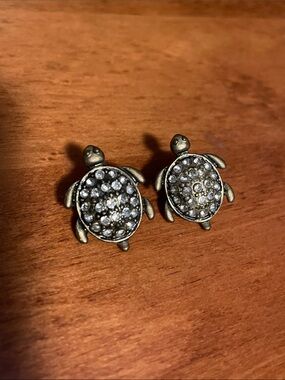 Crystal Turtle Stud Earrings - Antique Gold Tone